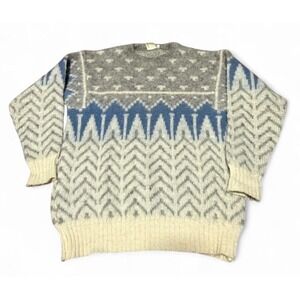 Vintage Alafoss Iceland Wool Sweater M Gray Blue Nordic Fair Isle Pullover